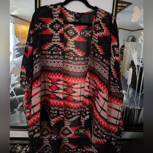 Rue21 Tribal Pattern Sheer Kimono Cardigan - Red, Black, Cream
